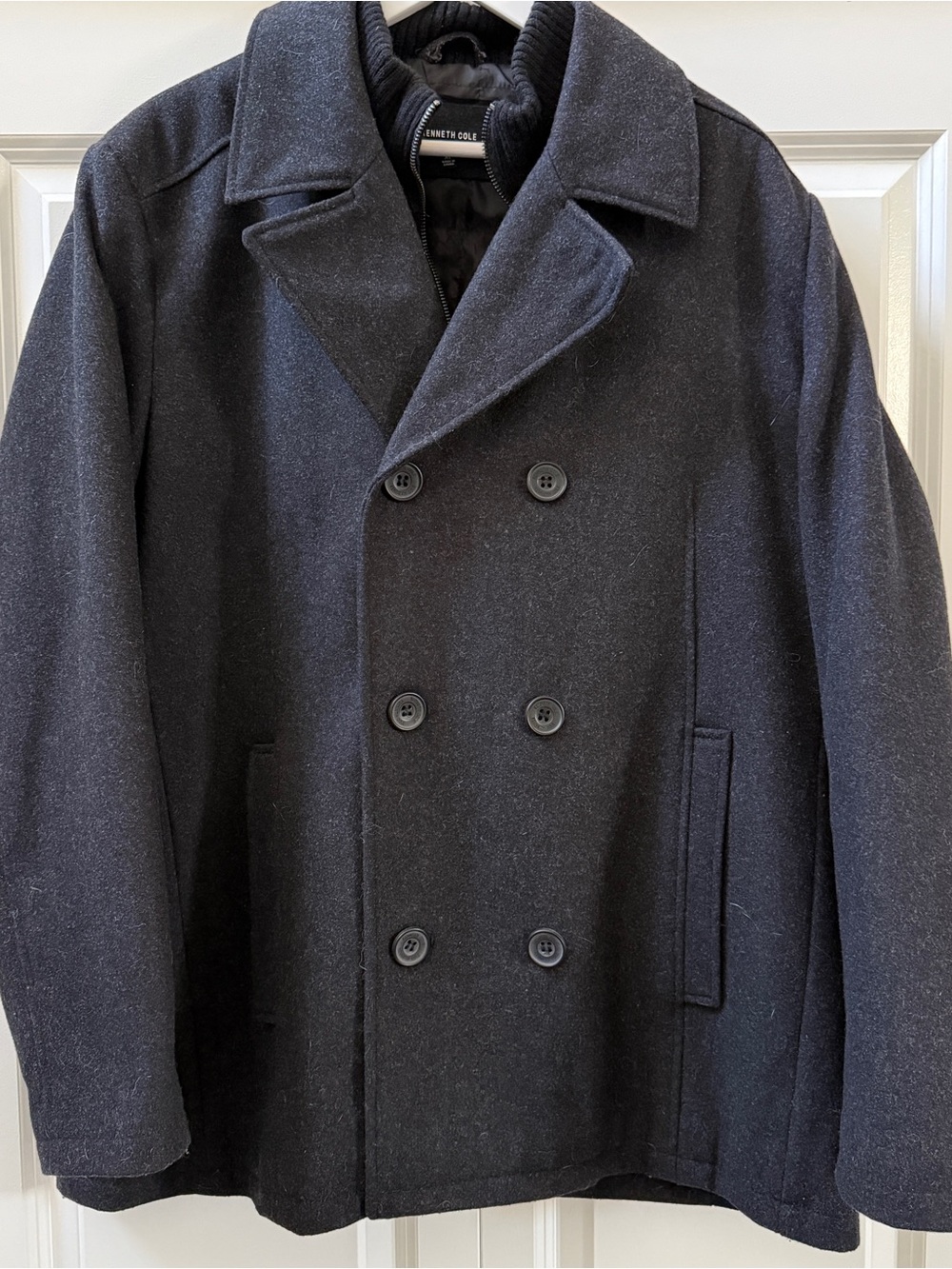 Kenneth Cole Men’s Black Double Breasted Peacoat with Zip Up Knit Collar, XL
